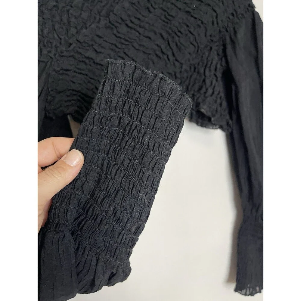 Zara Women's Medium Black Textured Stretchy Criss Cross Long Sleeve Top Blouse
